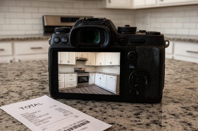 Decorateive image of a camera on a kitchen island